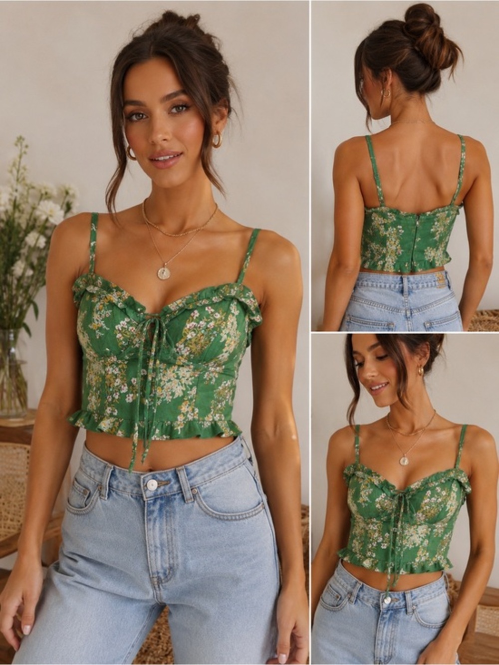 J.O.A Green Floral Cottagecore Boho Milkmaid Small Crop Top Bustier Camisole